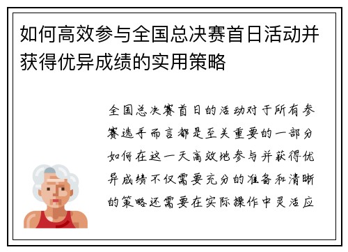 如何高效参与全国总决赛首日活动并获得优异成绩的实用策略